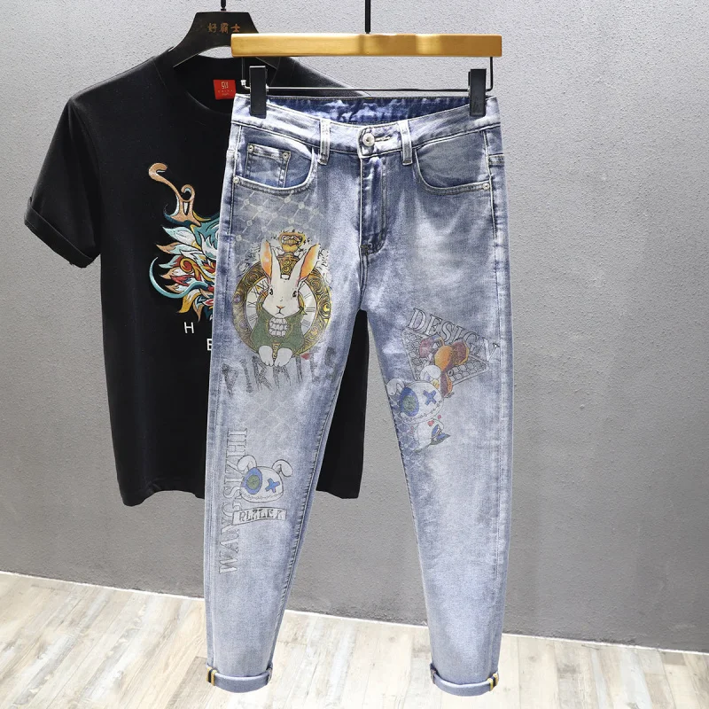2024 Spring and Summer Luxury Printed Jeans for Men, Trendy and Unique Washed Stretch Slim Fit Pants