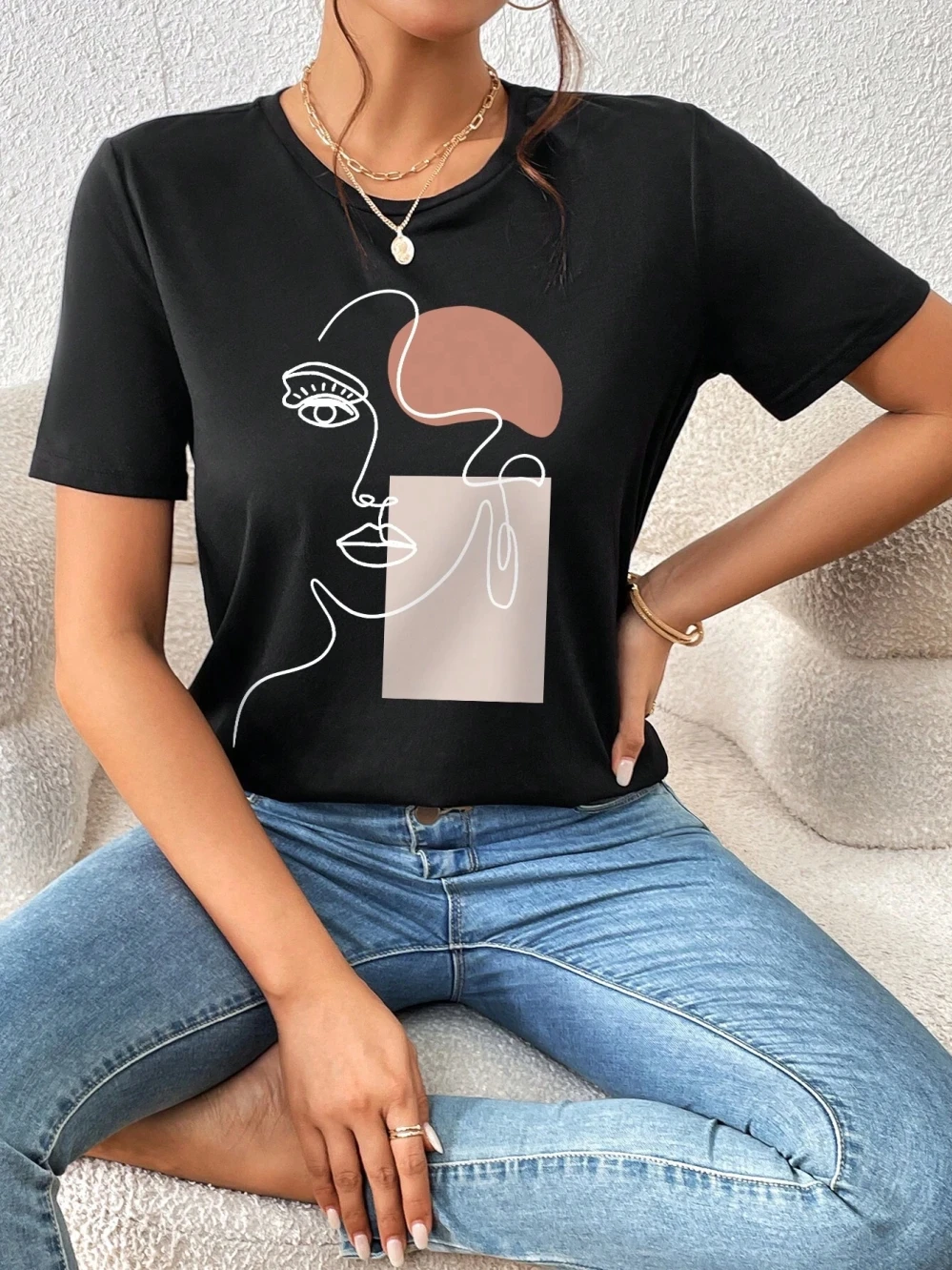 100% Cotton Women T-Shirts Fashion Simple Women's Face Print Tees Casual Soft Short Sleeve Tops Loose Comfortable Street Clothes