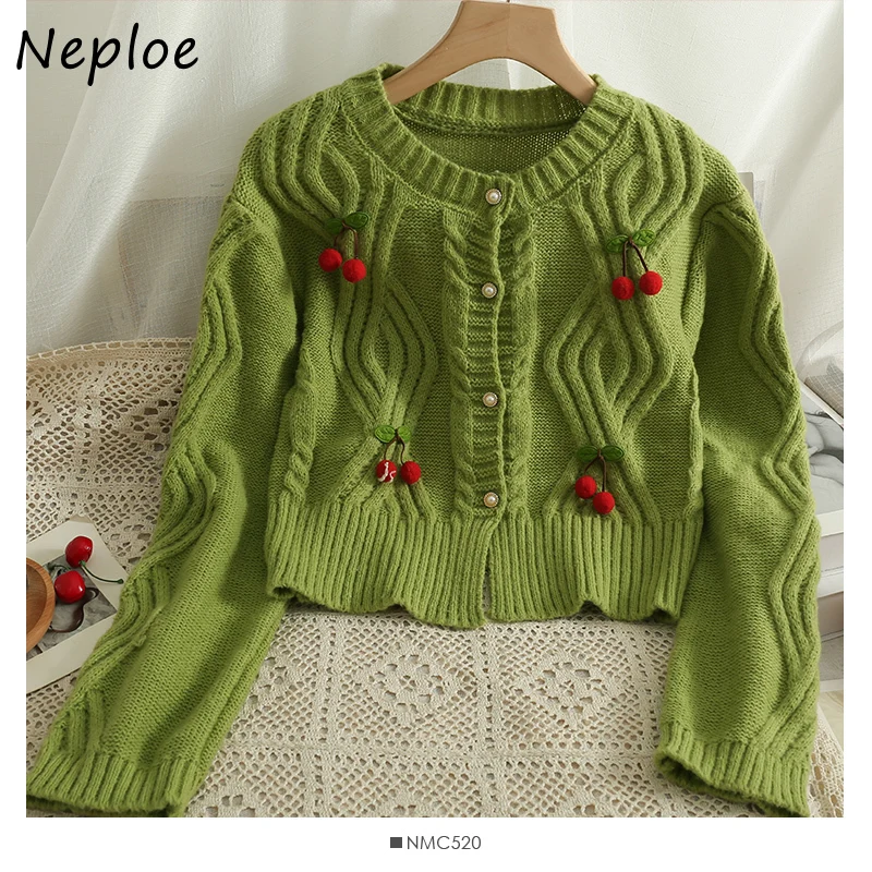 Neploe O Neck Solid Color Long Sleeve Cardigan 2024 Korean Chic All-match Femme Sweater Stereo Cherry Single-breasted Coat Y2K