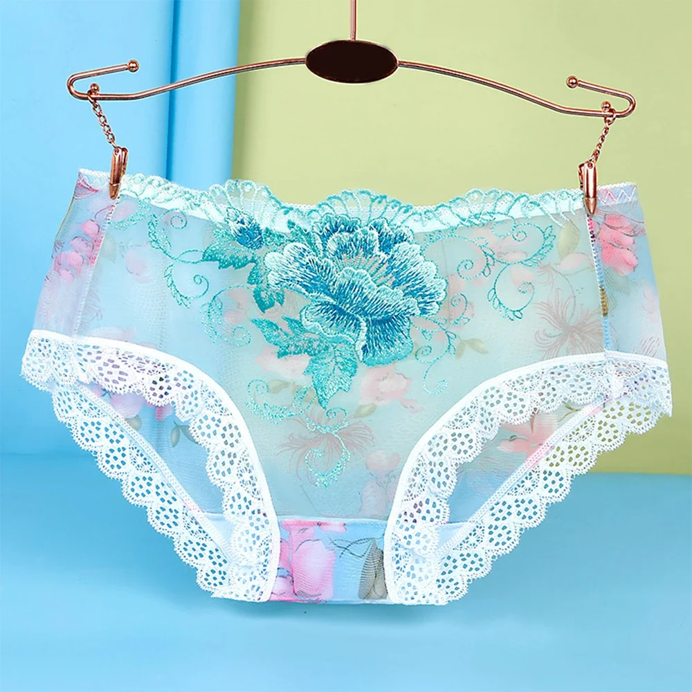 Plus Size Women Sexy Lace Border Seamless Panties Underwear Transparent Skin-Friendly Briefs Flower Embroidery Soft Underpants