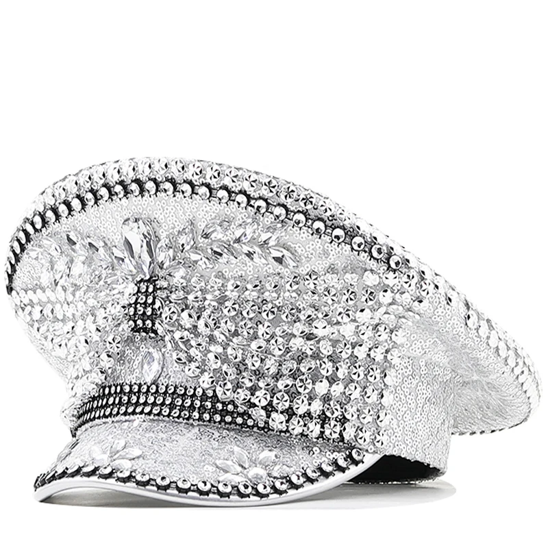 Bow Women Sequin Burning Silver Bride Military Hat Handmade Sailor Captain Sergeant Hat Birthday Festival Part Hat