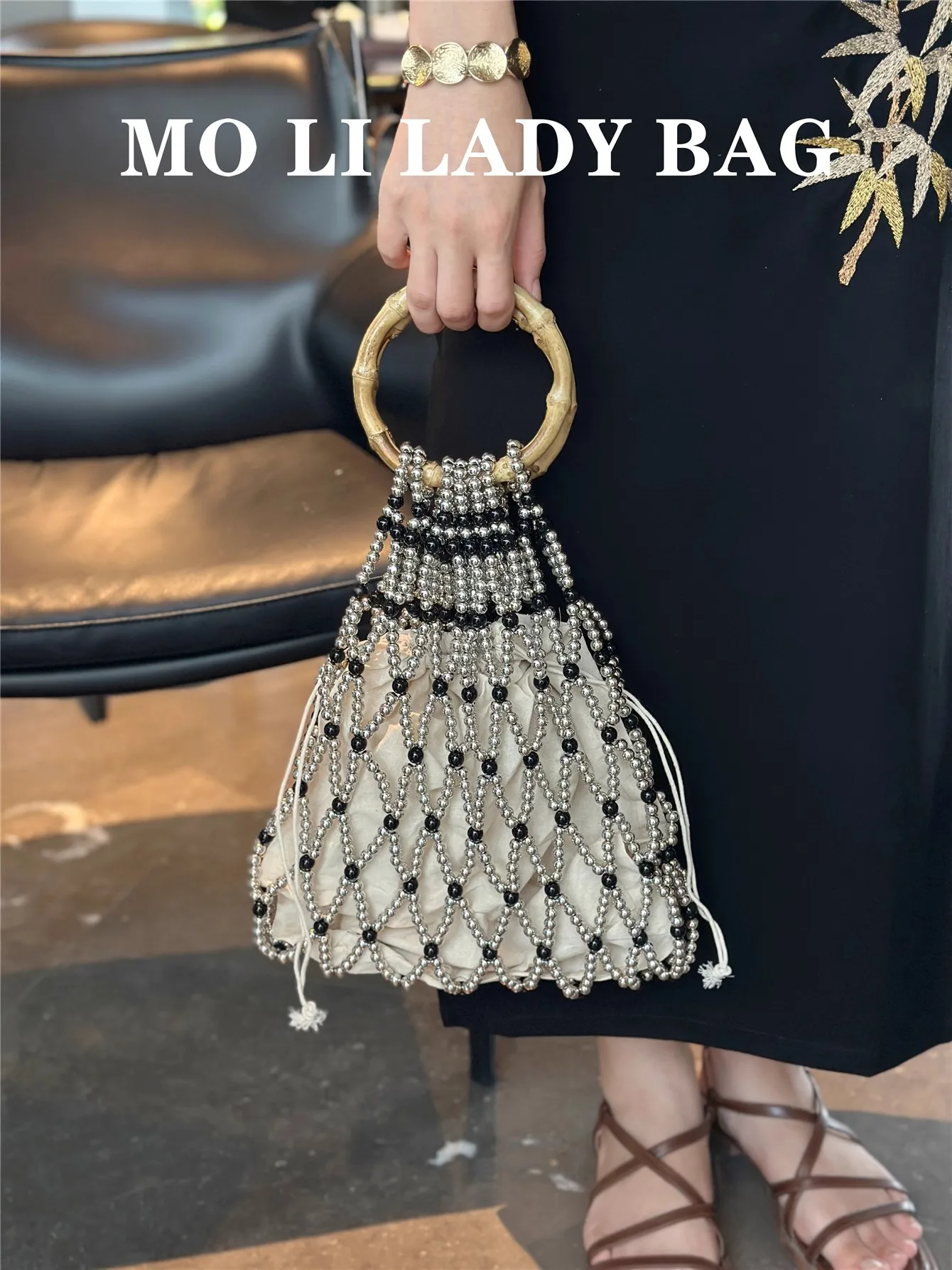 

Beads Beading Handmade Bucket Bag Bamboo Handheld Women Handbag Fashion Hollow Out Beads Beaded Casual Bag Holiday Travel Bag