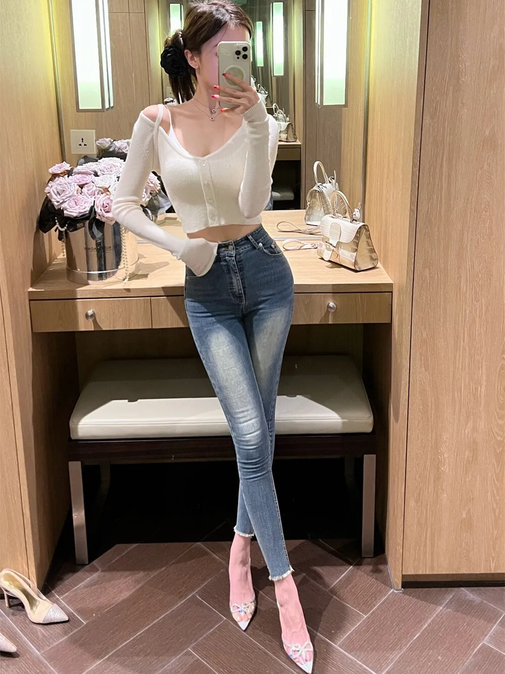 

Spring High Waist Slim Fit Straight Leg Jeans Korean Sle 2024 Cotton Stretch Denim Blue Nine Point Pencil Thin Jeans