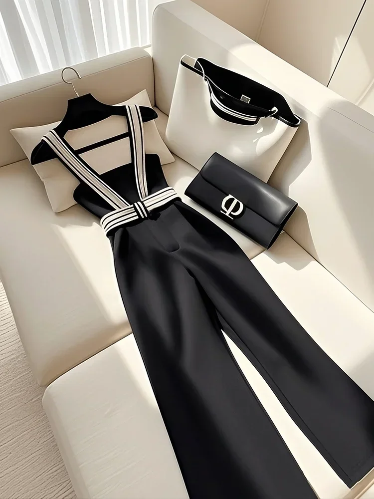 Korean Fashion Black Jumpsuit Women Elegance Strap Camisole Wide Leg Pant Jumpsuit Summer Frence Office Lady Design Style Formal