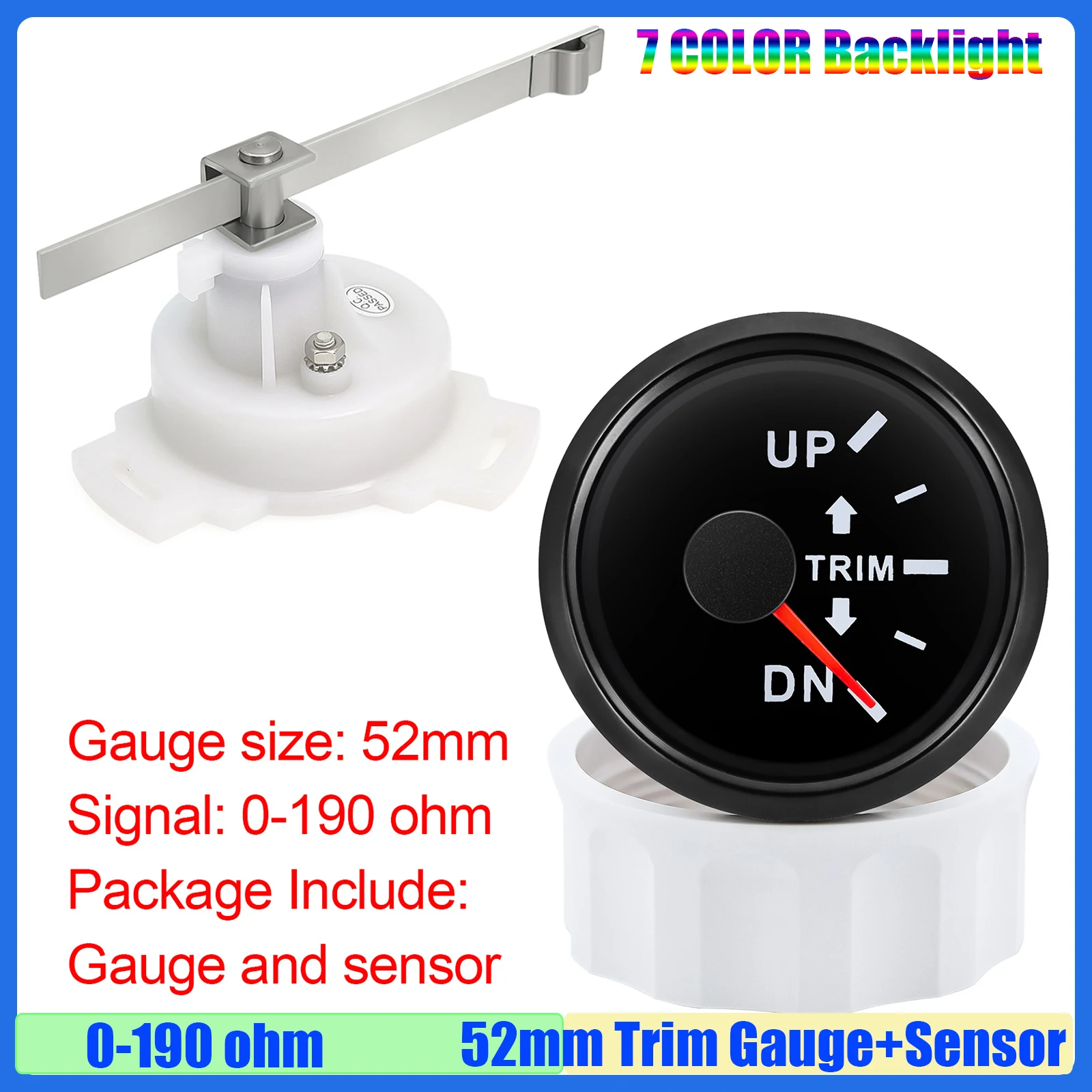 

Boat Universal 52mm 0-190ohm Trim Gauge Marine Trim Tilt Indicator with Sensor 7 Color Backlight for Inboard Outboard Engine