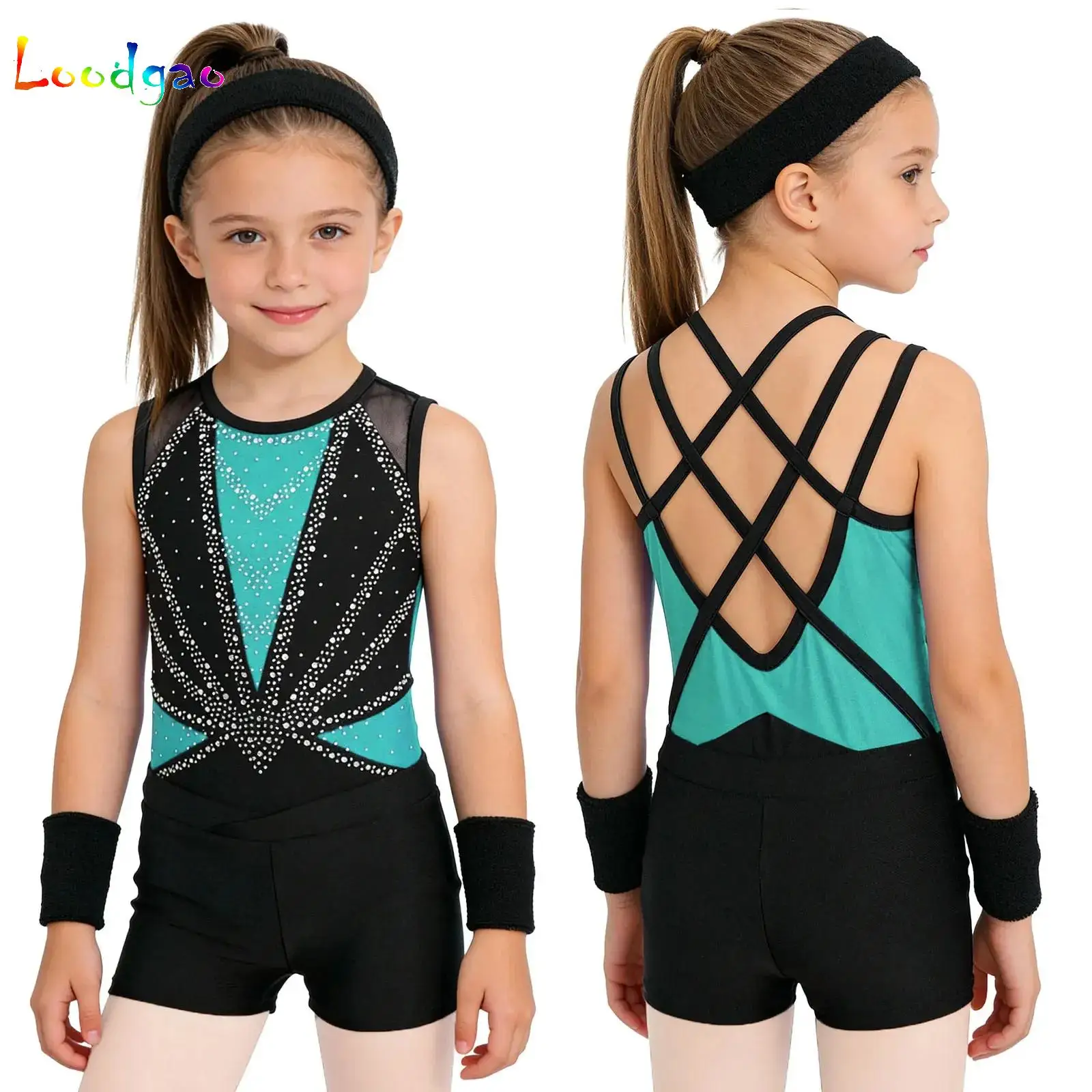 

Girls Sportswear Set Ballet Dance Leotard Gymnastics Performance Costume Kids Rhinestones Figure Skating Bodysuit with Bottoms