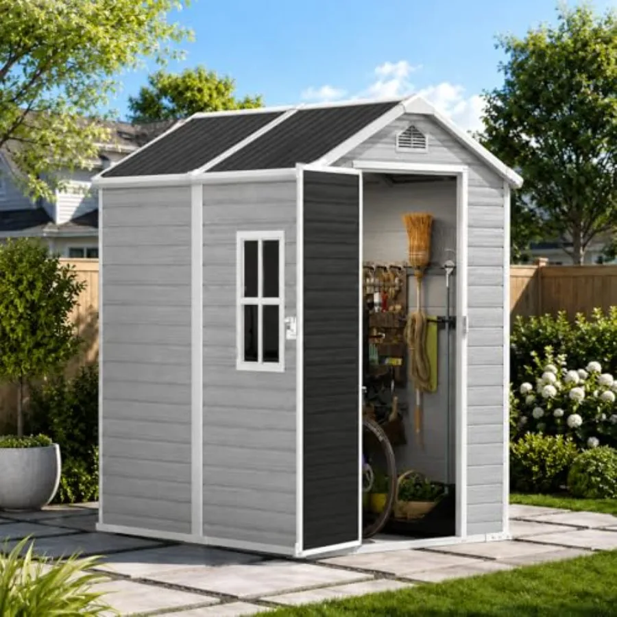 Outdoor storage shed for garden, backyard, patio; resin plastic material; dove grey color; all-weather resistant, includes floo