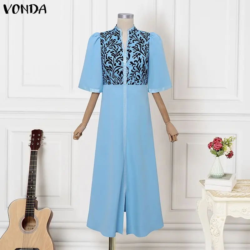 

VONDA Elegant Summer Autumn Women Plus Size Dresses Print 3/4 Sleeve Long Maxi Dresses OL Party Thin Dress Streetwear Vestidos