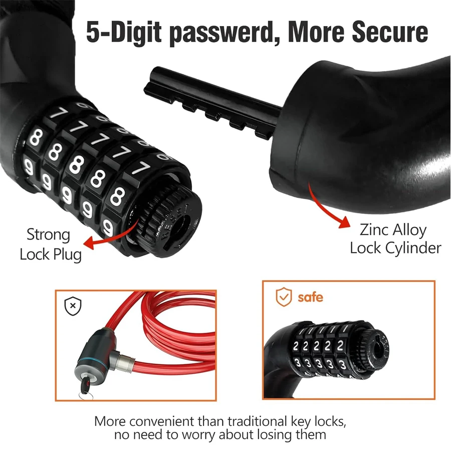 

Замок для велосипеда, 5-значный кодовый, сверхпрочный, противоугонный, длинный, с возможностью сброса пароля, для скутера, мотоцикла, двери