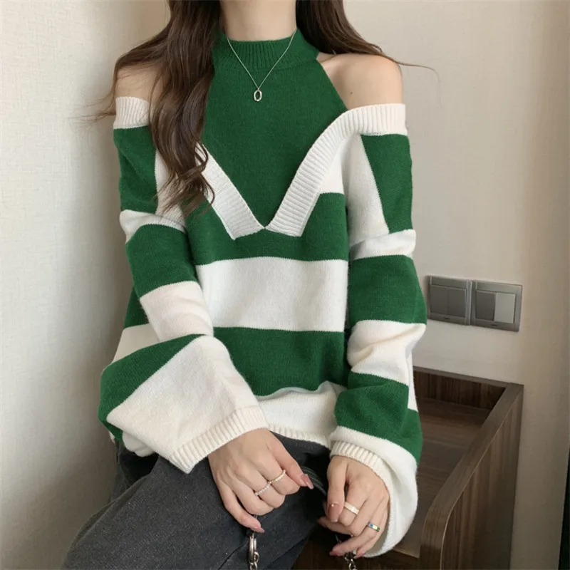 Unique Design Fake Two Pieces Halter Strapless Women\'s Long Sleeved Knitted Sweater Fashion Trends Knitwear Loose Fitting Top