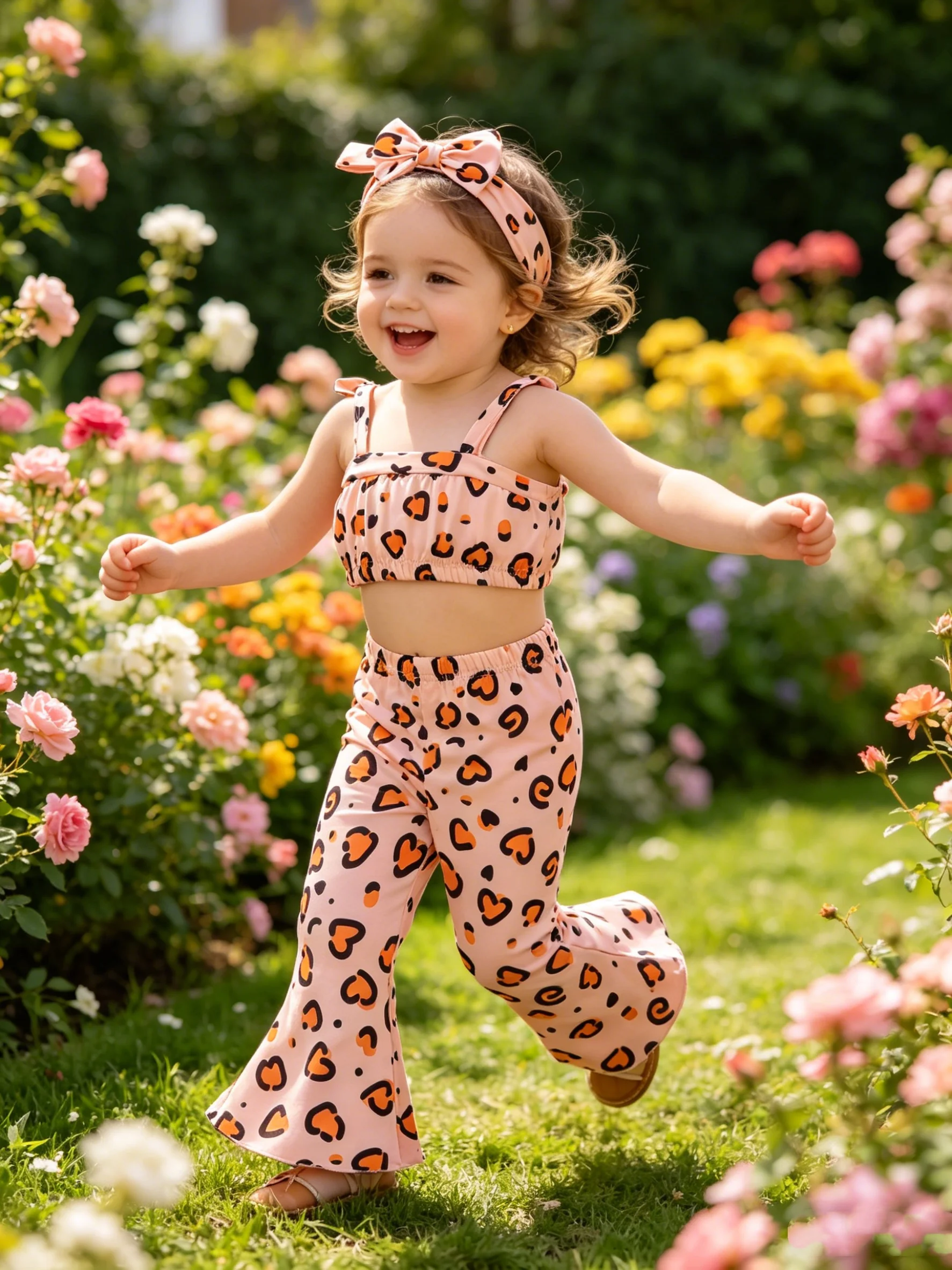 

Летний комплект для девочек: топ-бюстье с леопардовым принтом и сердечками + расклешенные брюки + повязка на голову, комплект из трех предметов для малышей