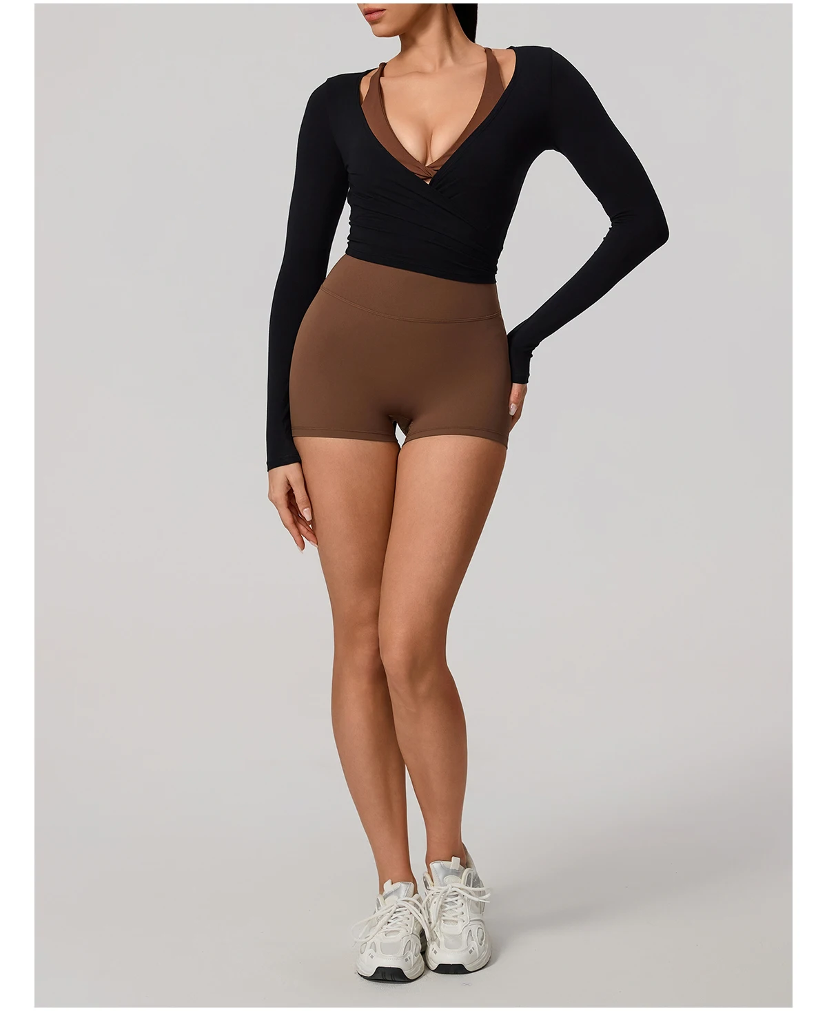 Neues Sommer-Damen-Yoga-Langarm-Einteiler-Oberteil mit Trägern – Premium-Ballett-Wrap-Top für Damen – Sport-Top für das Training – Detail 26