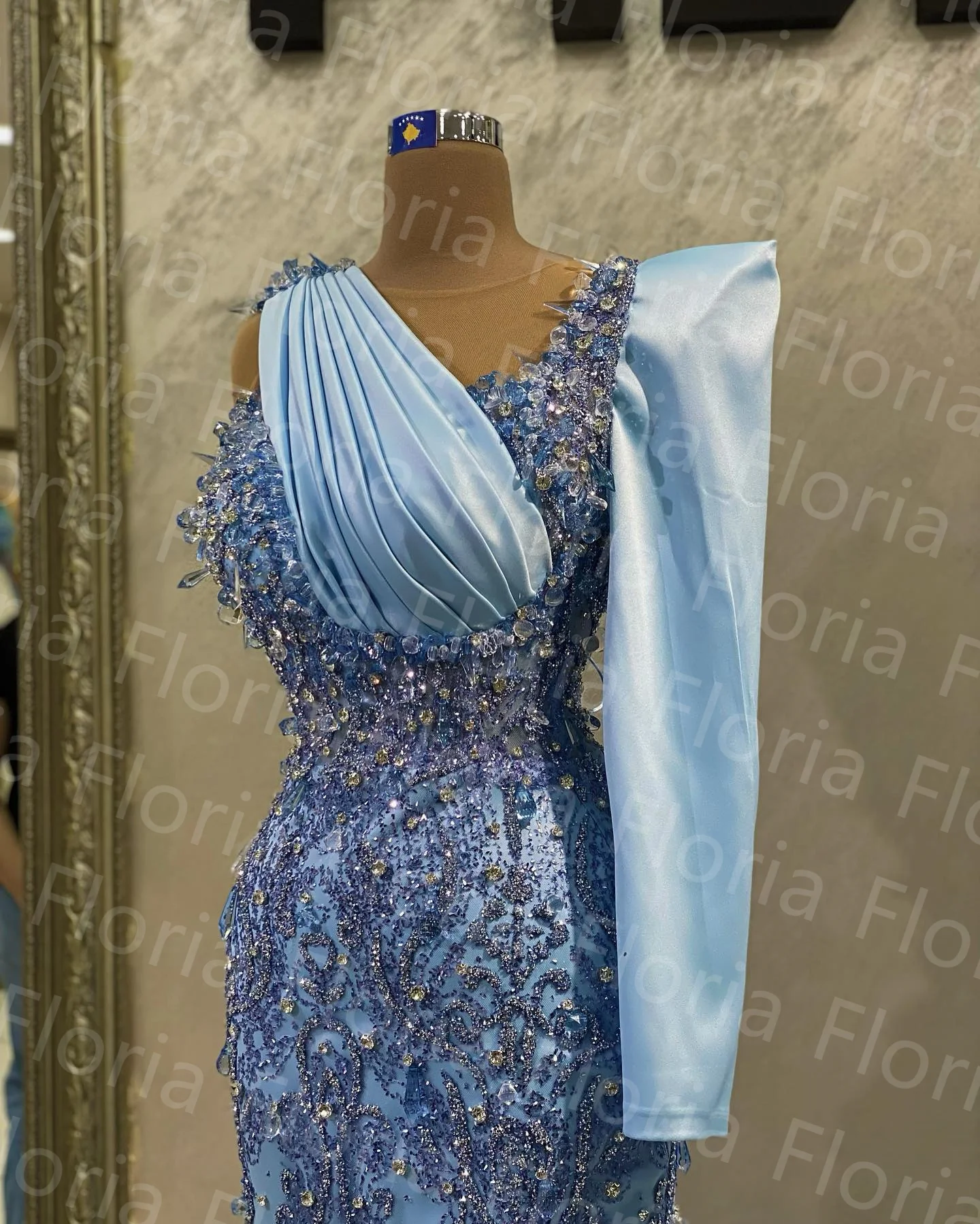 Vestido De noche De sirena con cuentas De cristal delicado, lentejuelas azules, diamantes De imitación, hendidura brillante, un hombro, vestido De fiesta árabe