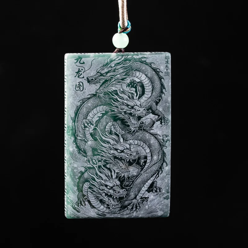 Natural A-grade Jade Jiulong Brand Blue Water Material Double sided Precision Shadow Carving Pendant Jade safety necklace
