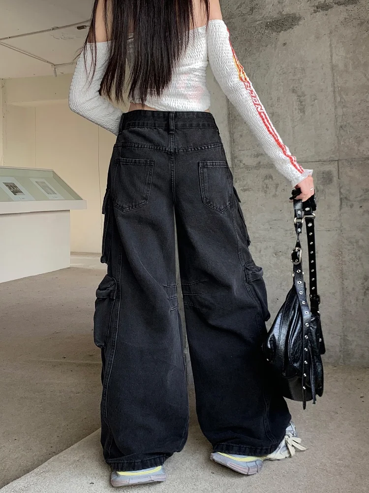 Trashy Y2K 2000S Streetwear Washed Black Baggy Jeans Cargo Pants For Women Clothes Multi Pockets Wide Leg Gothic Lady Trousers