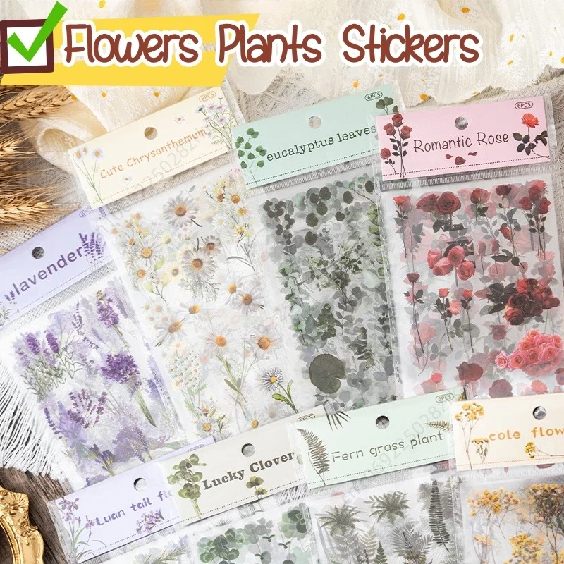 6Pcs Kawaii Creative Flower Plant Stickers Classic Toys Hand Tent DIY Stick Labels Scrapbooking Material Junk Journal Supplies