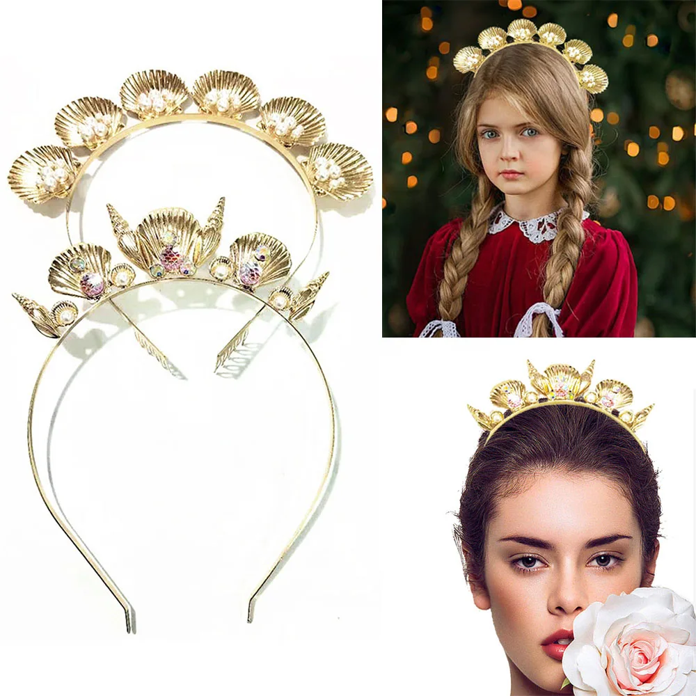 Marine Style Golden Shell Tiara Crown Headband with Comb Pearl Headwear for Birthday Wedding Party Headdress Hair Accessories