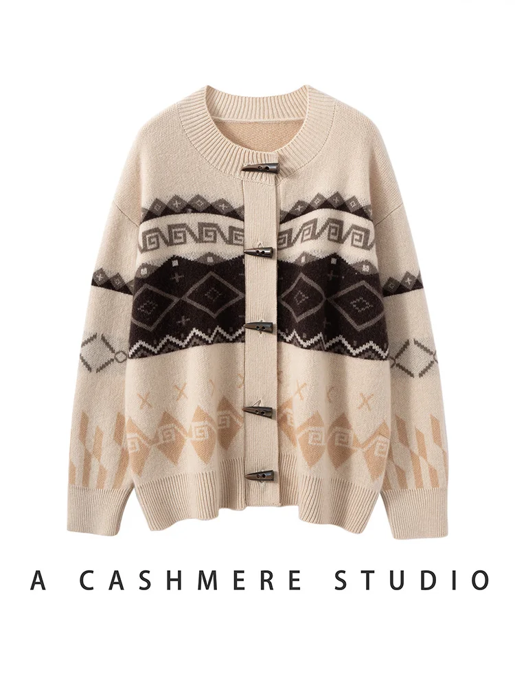 

High Quality Women 100%Cashmere Sweater O-Neck Fair Isle Cashmere Cardigan Retro Horn Button Autumn Winter Thick Soft Chic Tops