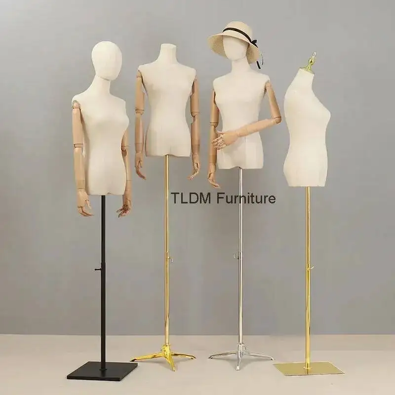 

Wooden Arm Cloth Cover Female Head Half Mannequins Metal Base Wedding Clothing Display Stand Adjustable Clothing Store Mannequin