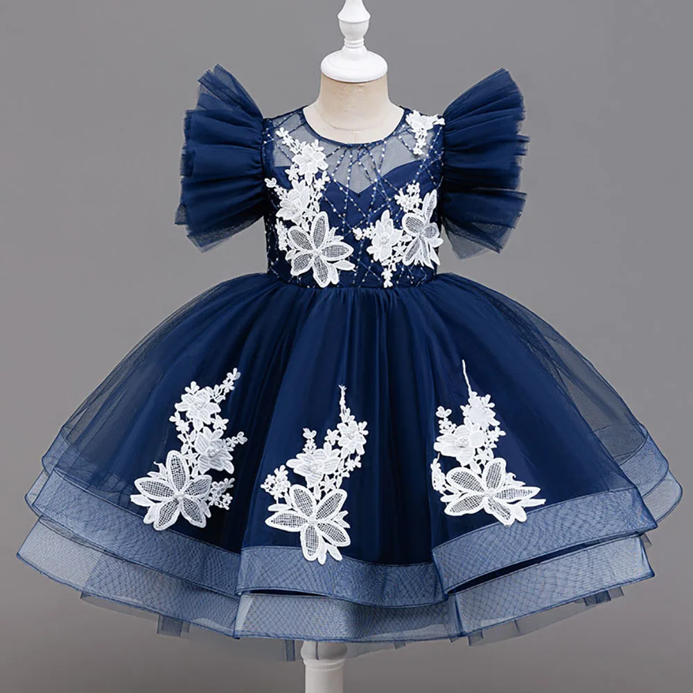 

Детское праздничное платье HETISO с цветочным узором, синее, из фатина, элегантное бальное платье на день рождения для девочек, детское платье-пачка с рукавами, нарядное платье для малышей