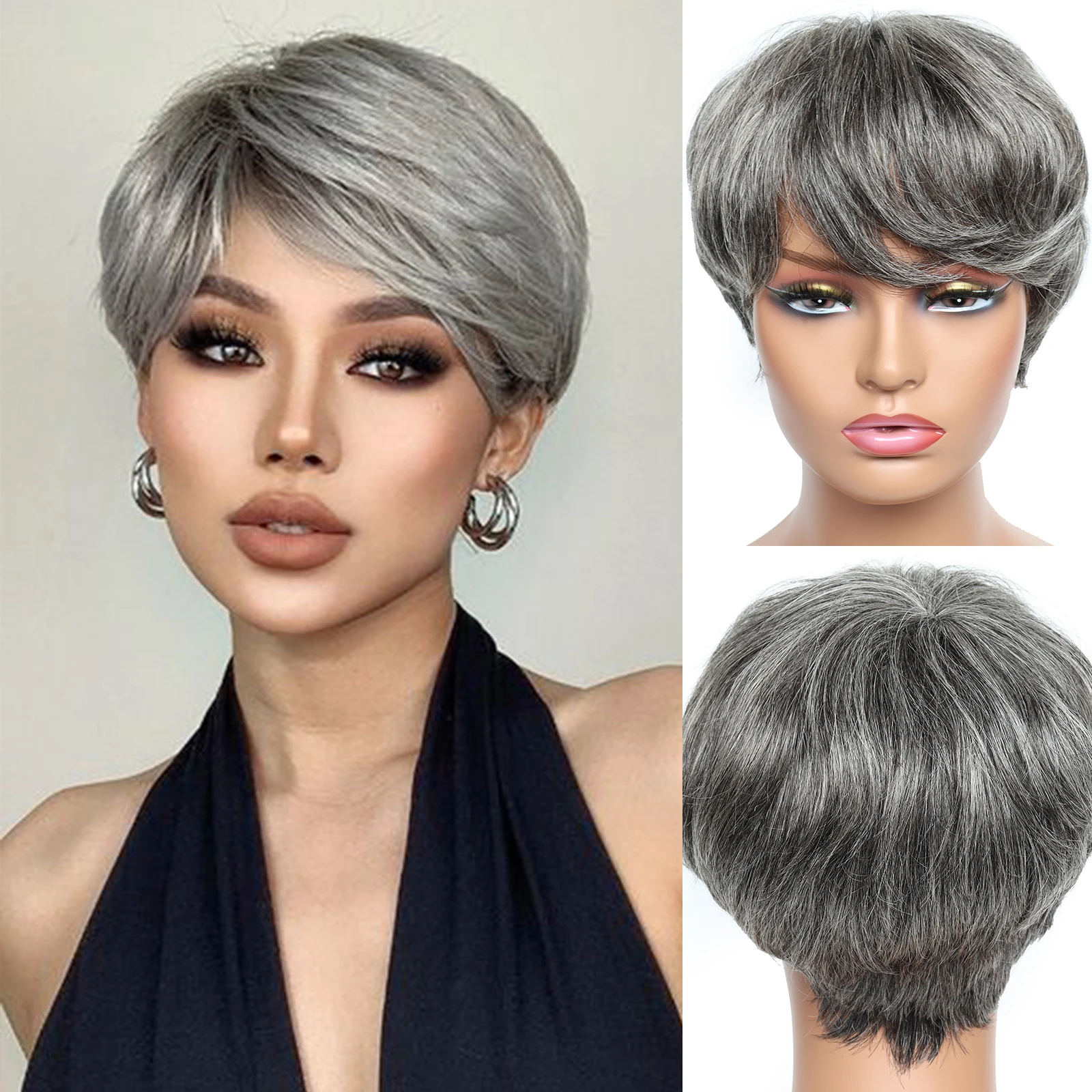 

Remy Pixie Cut Silver Gray Human Hair Wig with Bangs Short Straight Layered Gray Natural Human Hair for Women Machine Made Wigs