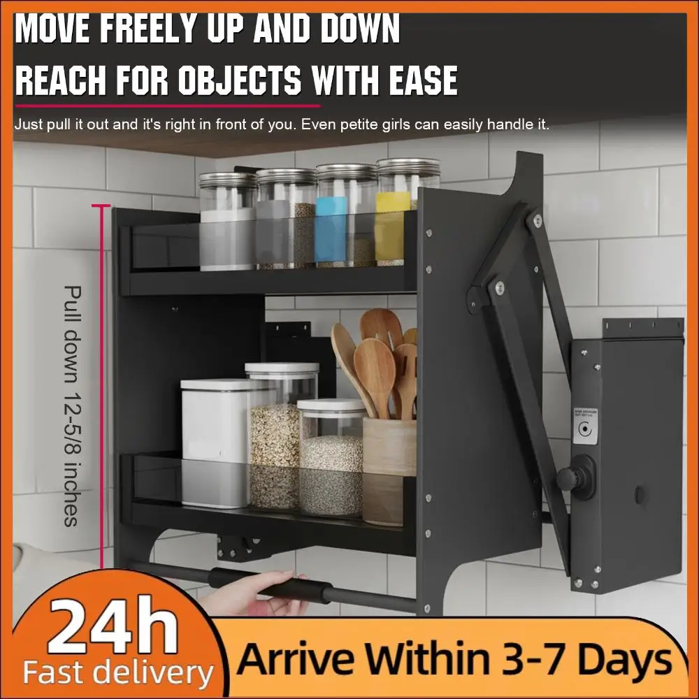 

2 Tier Shelf Spice Rack W/Pneumatic Damper System Aluminum Alloy Drop Down Sliding Rack Adjustable Capacity for Pantries Closets