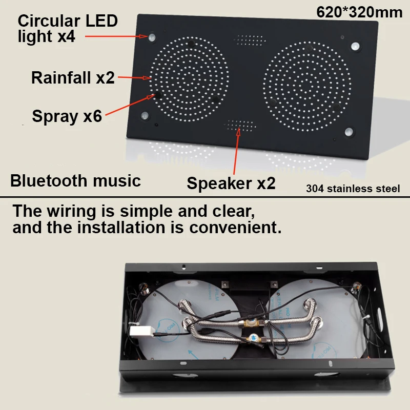 Couple-Style Shower System 620*320mm LED Light Music Shower Head 4-Function Constant Temperature Mixer Double Head Rain Shower