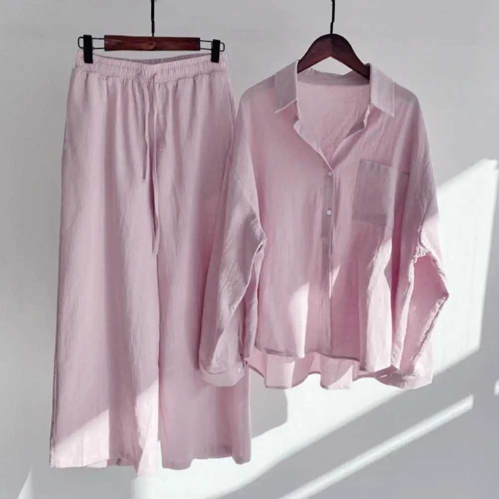 

Cotton and Linen Women's Two Pieces Set Vintage Oversized Shirt High Waist Wide Leg Pants Set Women's Summer Suit Loose Pant Set