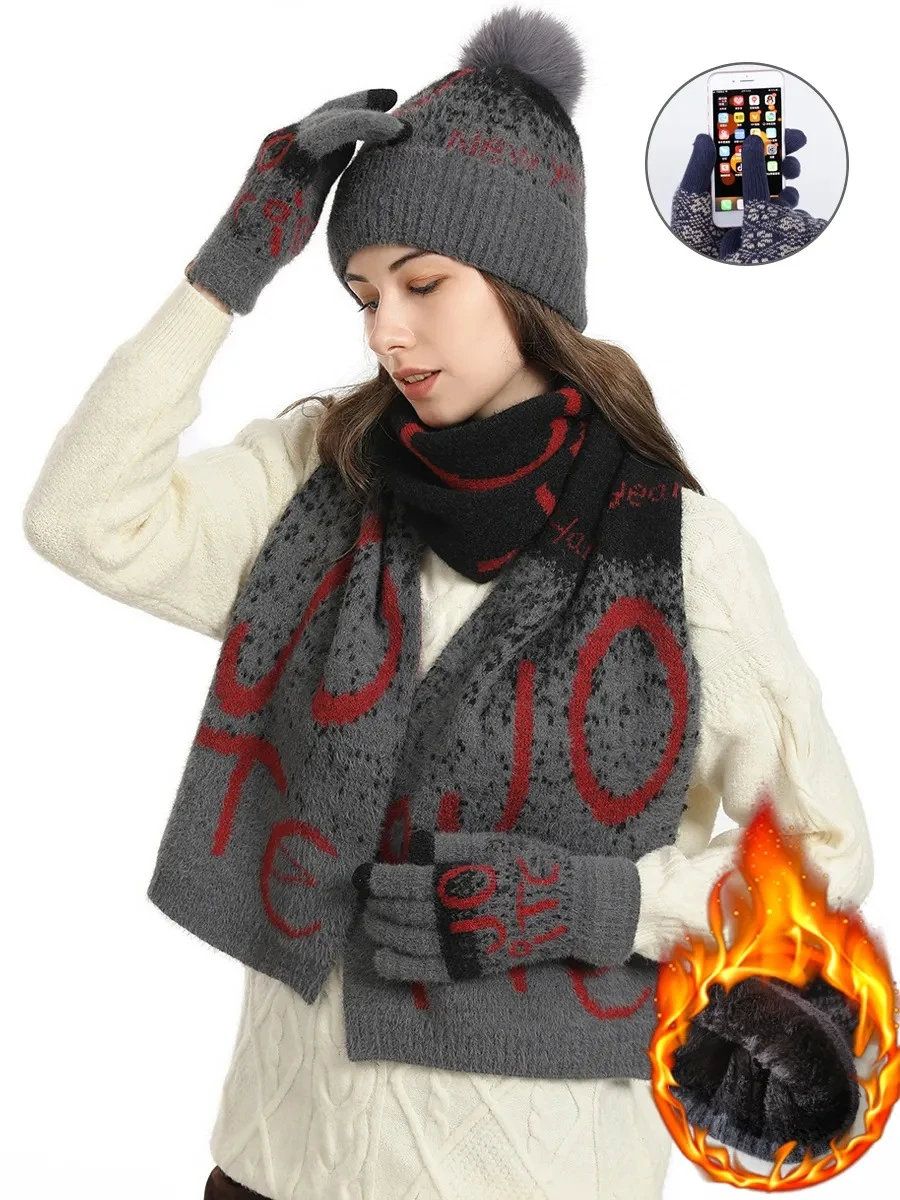 3pcs Winter Knitted Scarf Gloves for Women Fleece Lined Hat Set Comfortable Soft Casual Warm Red Glove Set Outdoor Windproof Set
