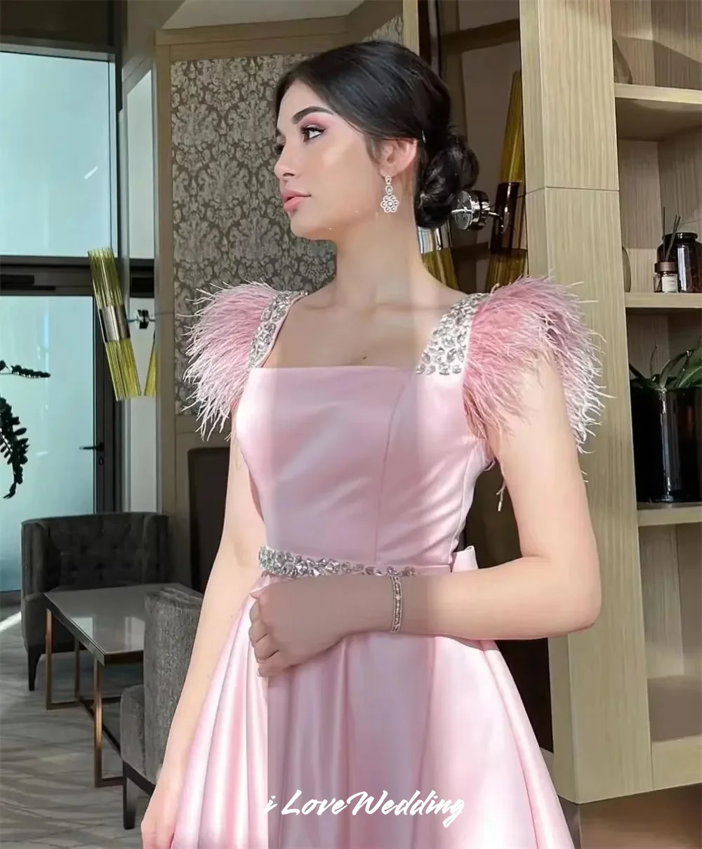 Pink Square Neck Cocktail Dress 2025 Satin Sleeveless Tea-Length A-Line Ruched Crystal Feather Wedding Guest Dresses Customized