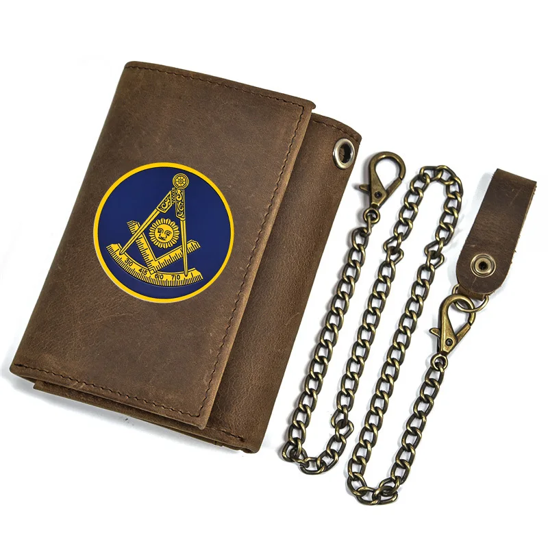 Luxury Men Genuine Leather Wallet With Iron Chain Freemasonry Sun Face Design Printing Card Holder Anti Theft Short Purse BT3497