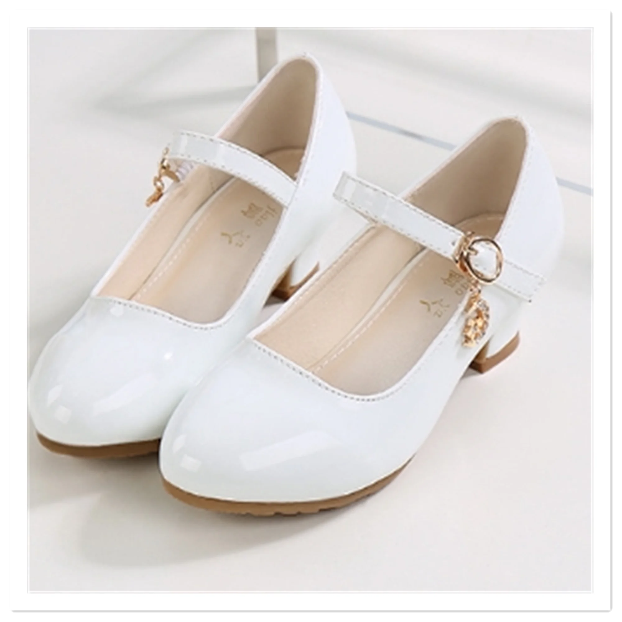 2023 Spring and Autumn New Sparkling Pink Girls\' High Heel Princess Shoes Korean Edition Student White Performance Leather Shoes