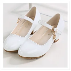 2023 Spring and Autumn New Sparkling Pink Girls' High Heel Princess Shoes Korean Edition Student White Performance Leather Shoes