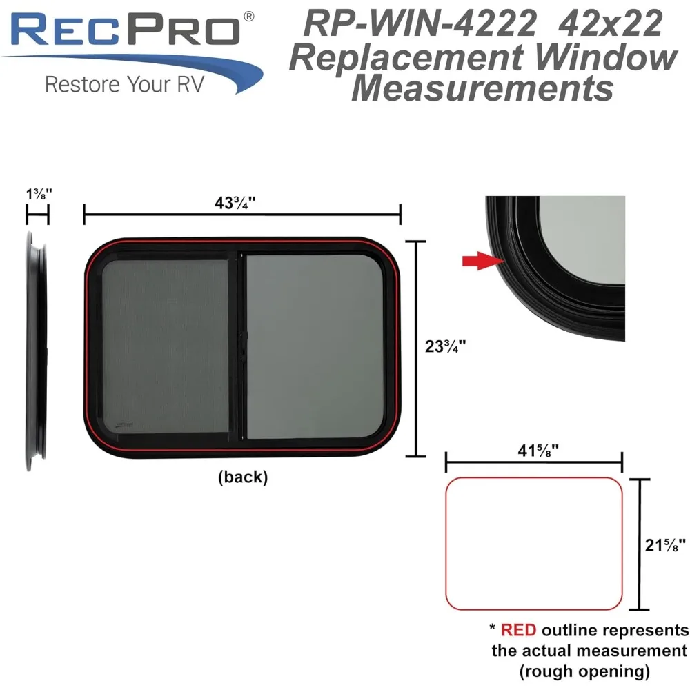 Penggantian Jendela RV Model Horizontal Teardrop Slide, 42W x 22H, Termasuk Trim 1 1/2 (1 Jendela)