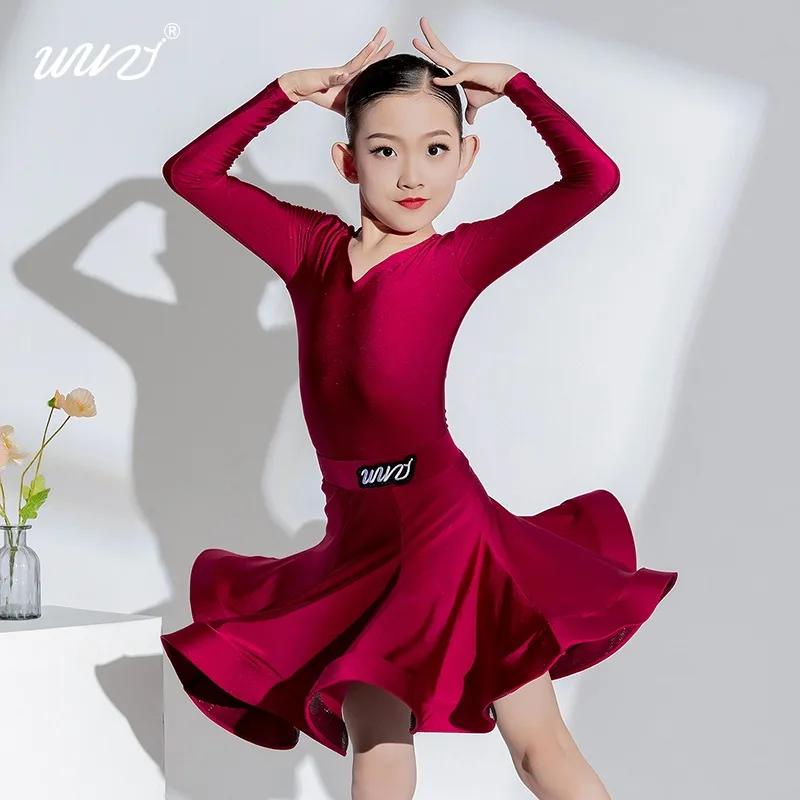 ラテンダンス衣装、ダンシングガールズ、特別な機会のための光沢のあるヨーロッパスタイルの春夏子供服