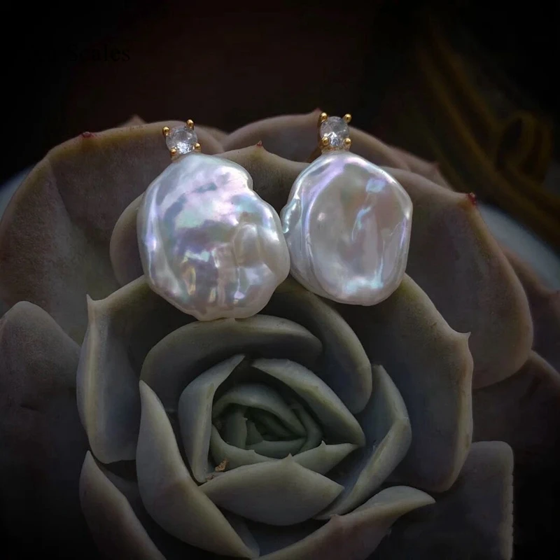 Aurora Colorful White Natural Freshwater Baroque Shaped Petal Pearl S925 Pure Silver Ear Stud with Diamond Princess Jewelry Gift