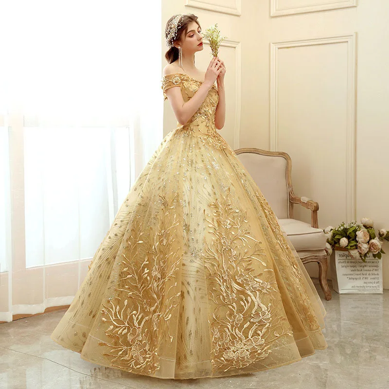 Women Off Shoulder Gold Ball Gown Wedding Dress Luxury Lace Up Flower Embroidered Banquet Evening Party Dress for Bride