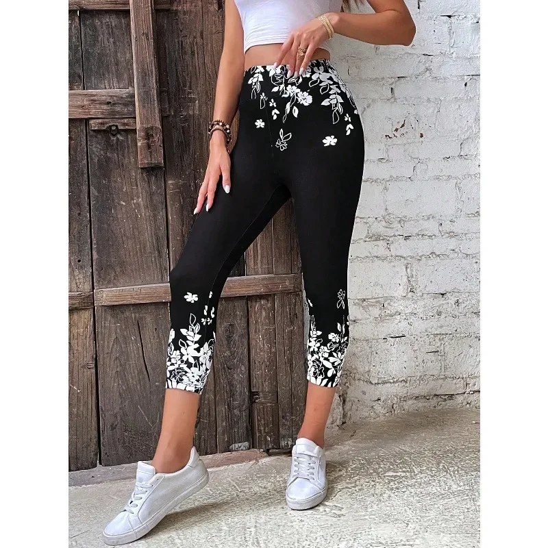

Plus Size 1XL-5XL Women's Fashion Bohemian Style Slim Fit Leggings Ladies Floral Print Waist Cinching Casual Long Pants