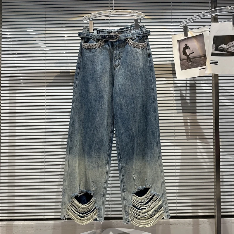 

Fashion Jeans for Women 2023 Summer New Streetwear Washed Gradient Color Ripped Jeans Rhinestone Beaded Ladies Wide Leg Pants
