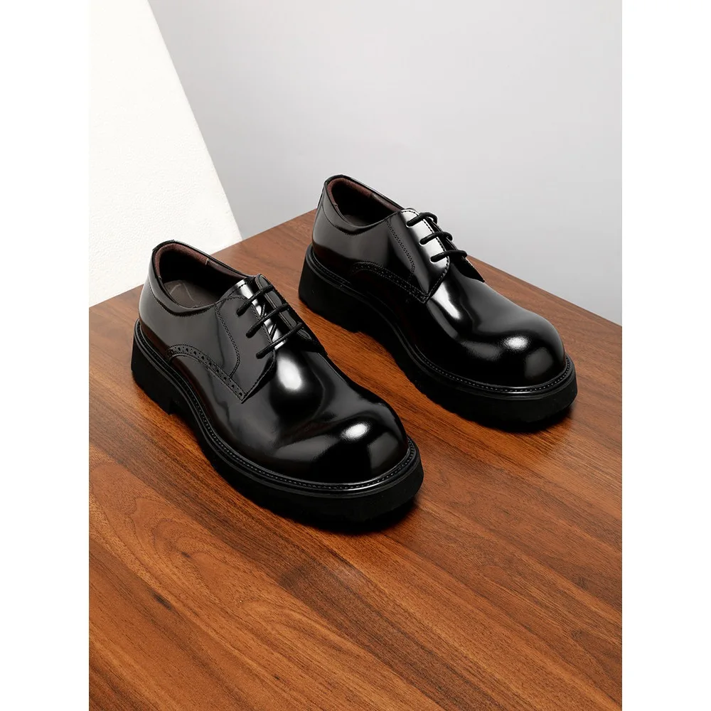 2026 Men's Thick Soled Height Increasing Leather Big Head Derby Shoes Retro British Style Formal Business Dress Shoes