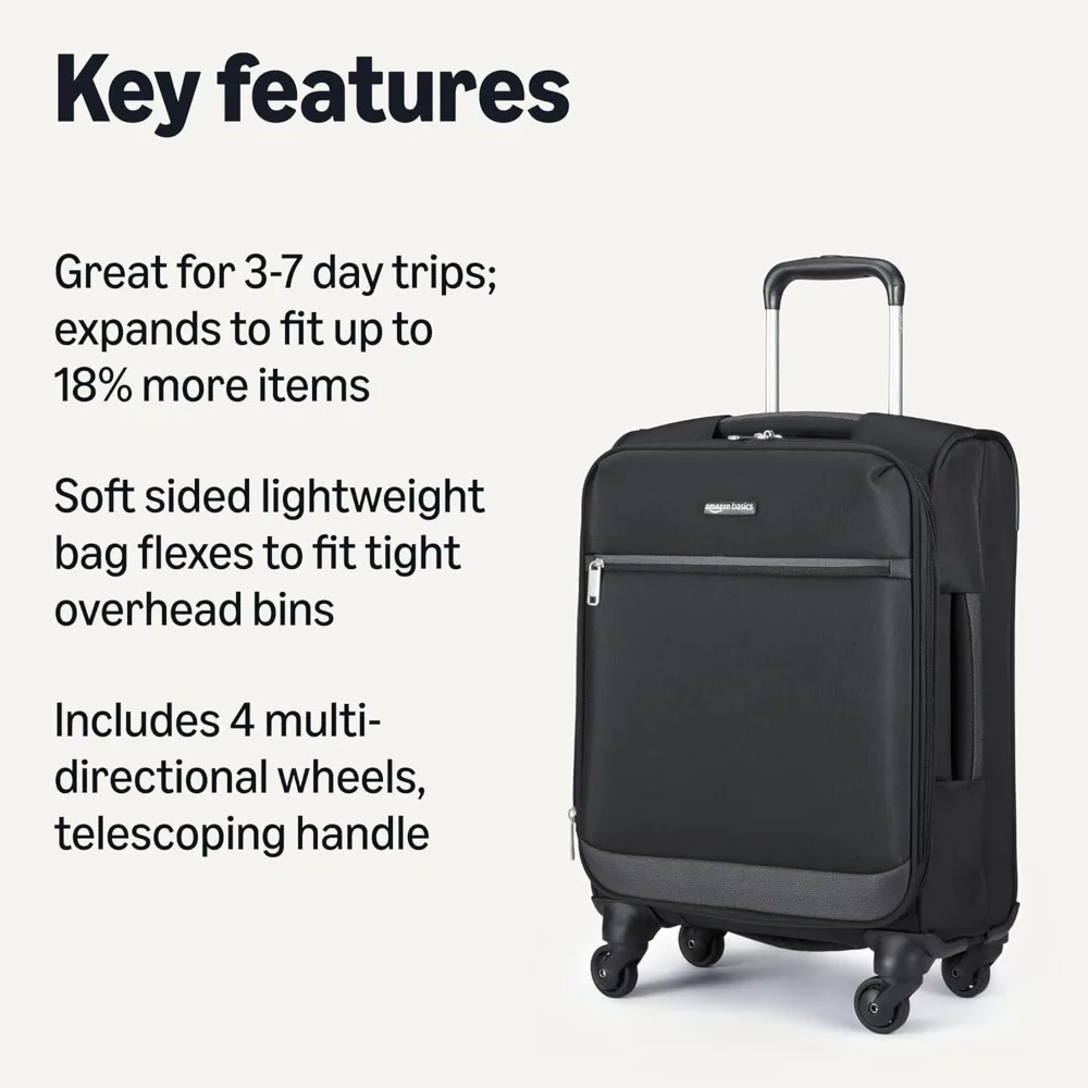 18-Inch Expandable Carry-On Suitcase with Spinner Wheels, Lightweight Softside Luggage for Travel