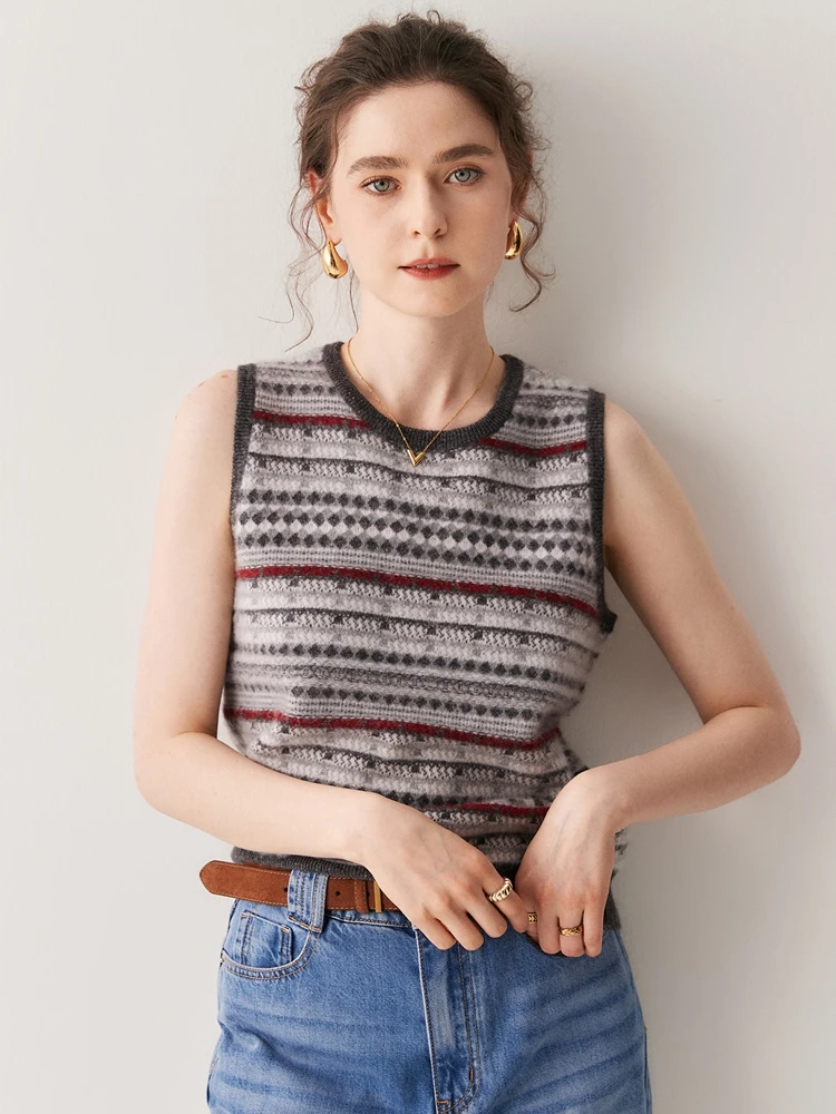 

Women 100% Cashmere Sweater O-neck Waistcoat Autumn Winter Flower Striped Sleeveless Pullover Soft Warm Cashmere Knitwear Vest