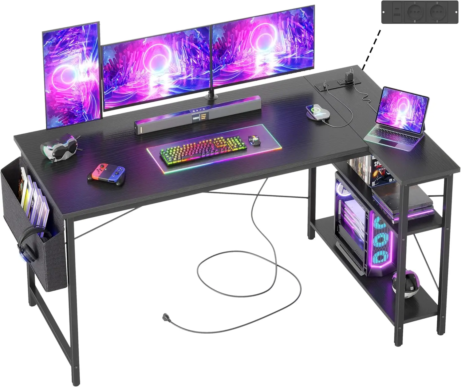 Gaming-Schreibtisch, L-Form, 140 x 70 cm, umkehrbarer Gaming-Tisch, Computertisch mit Steckdosen und