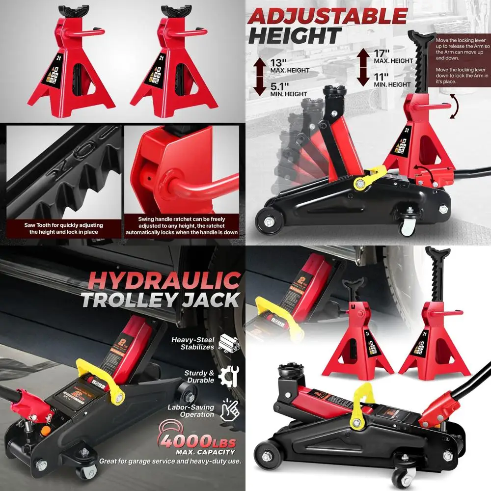 

2 Ton Low Profile Hydraulic Floor Jack, 11-17 Lift Range, Combo with 2 Ratchet Jack Stands, 4000 lbs Capacity, Red/Black