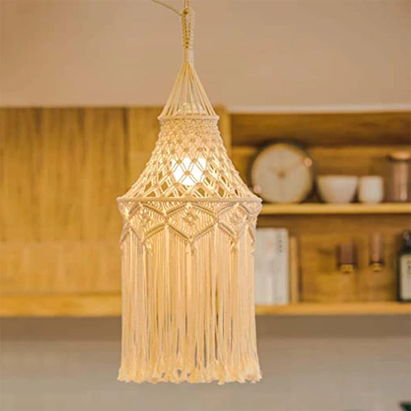 Handwoven Tassel Hanging Lamp Shade Bohemian Macrame Cotton Rope Pendant Lamp Shade Nordic Minimalist Home Decor Lighting