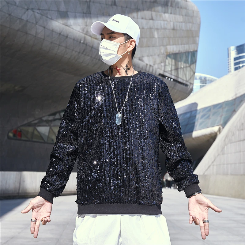 Men Pullover High Quality Sequin Sweatshirt Men Korean Harajuku Hip Hop Fashion Casual O-Neck Punk Sexy Nightclub Stage Costumes