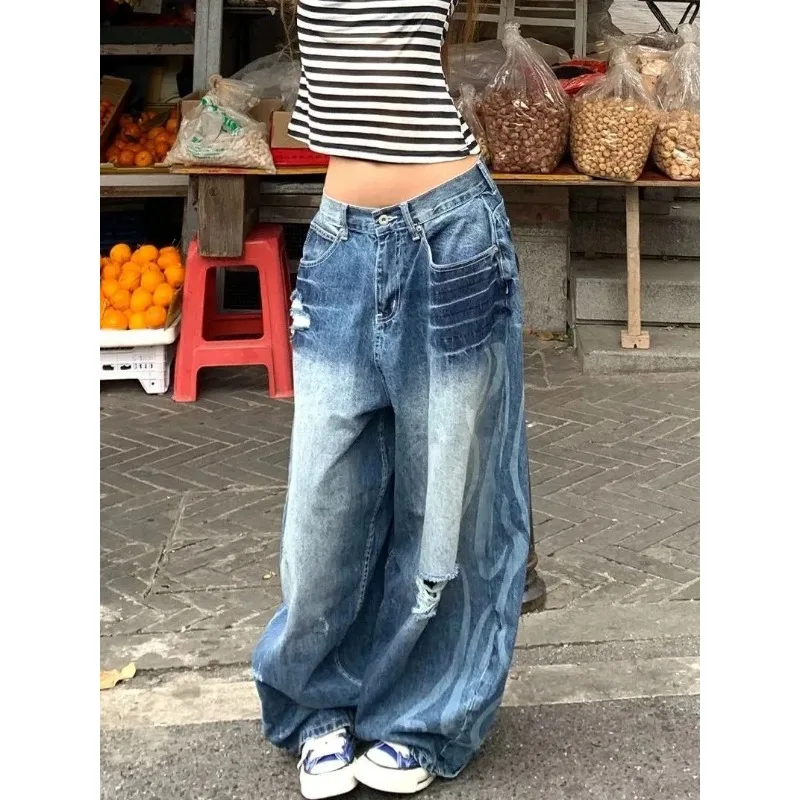 

Wide Leg Trousers New 2026 Summer American Style Women's Denim Pants Washing Worn-out Holes Design Vintage Curved Knife Jeans