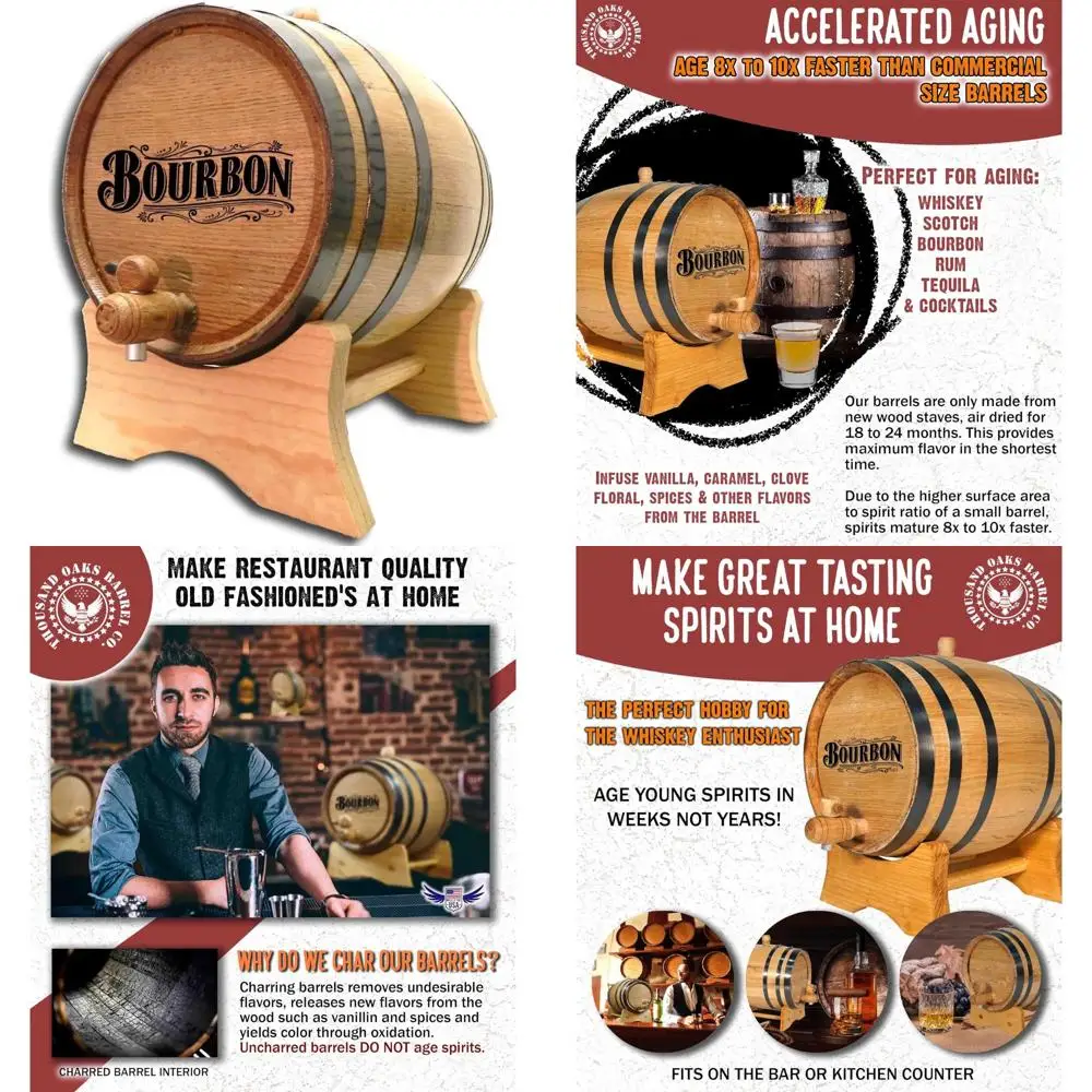 

American Oak Bourbon Aging Barrel - 5 Liter Capacity with Stand, Bung, and Spigot for Aging Cocktails, Whiskey, Rum, and Tequila