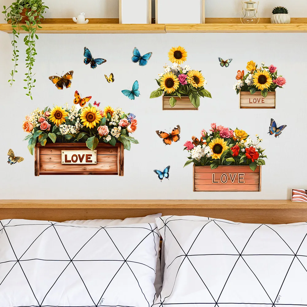 Painted Flower Box Sunflower Butterfly Wall Stickers Bedroom Living Room Wardrobe Furniture Home Decor Window Decals view 4