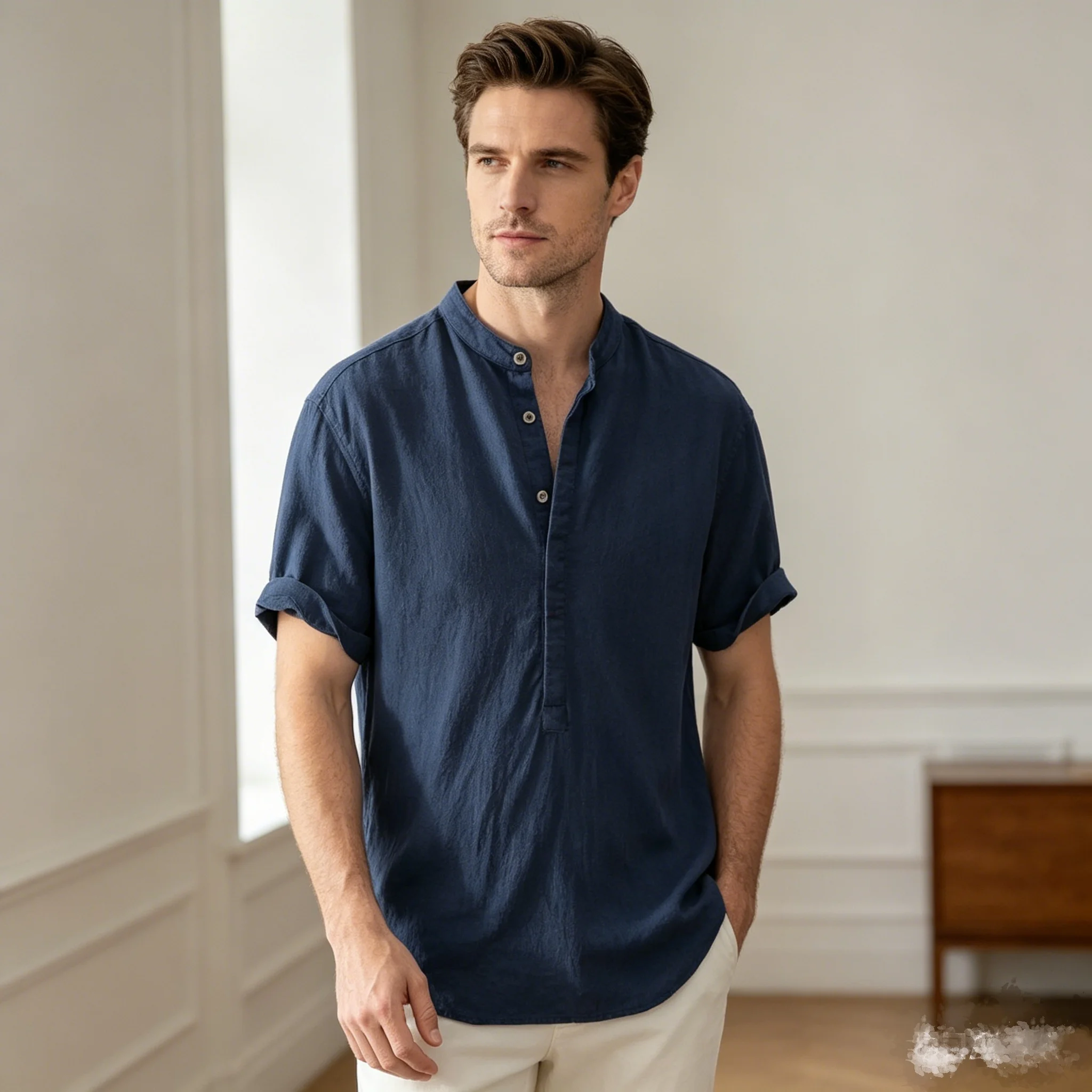 

Casual Blouse Loose Men's Shirt Cotton Linen Fashion Stand Collar Pure Short Sleeve Tee Shirt Handsome Fitting Top Men's Wear